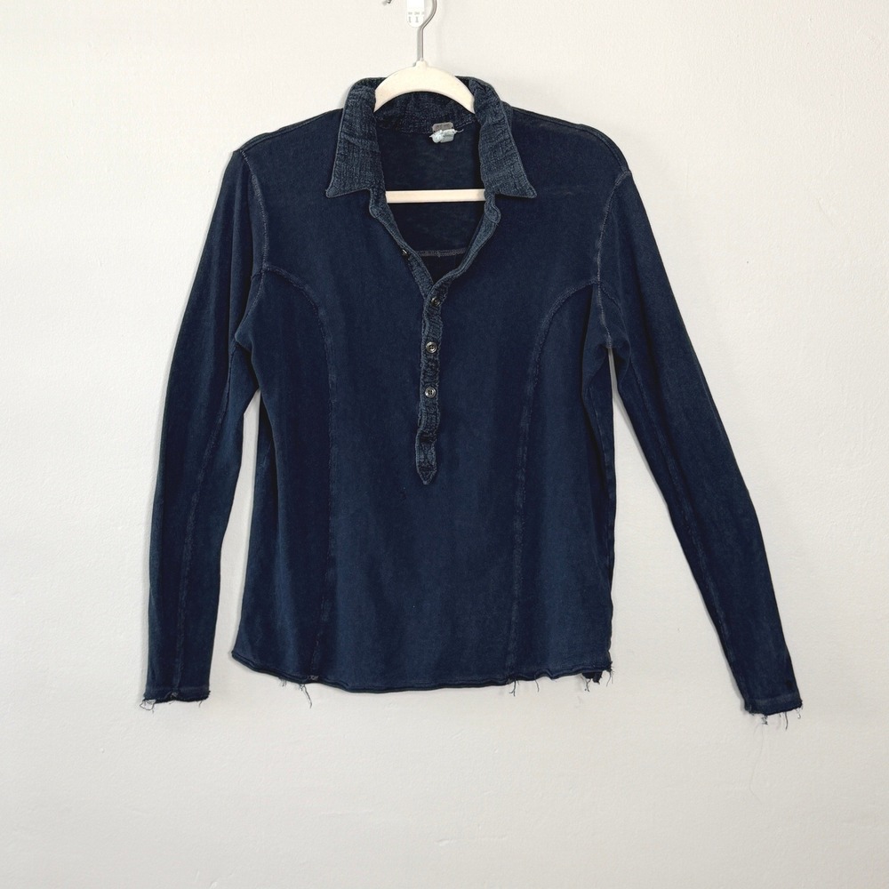 Free People WTF Henley Top XS Oversized Blue Boho Distressed Raw Hem Long Sleeve